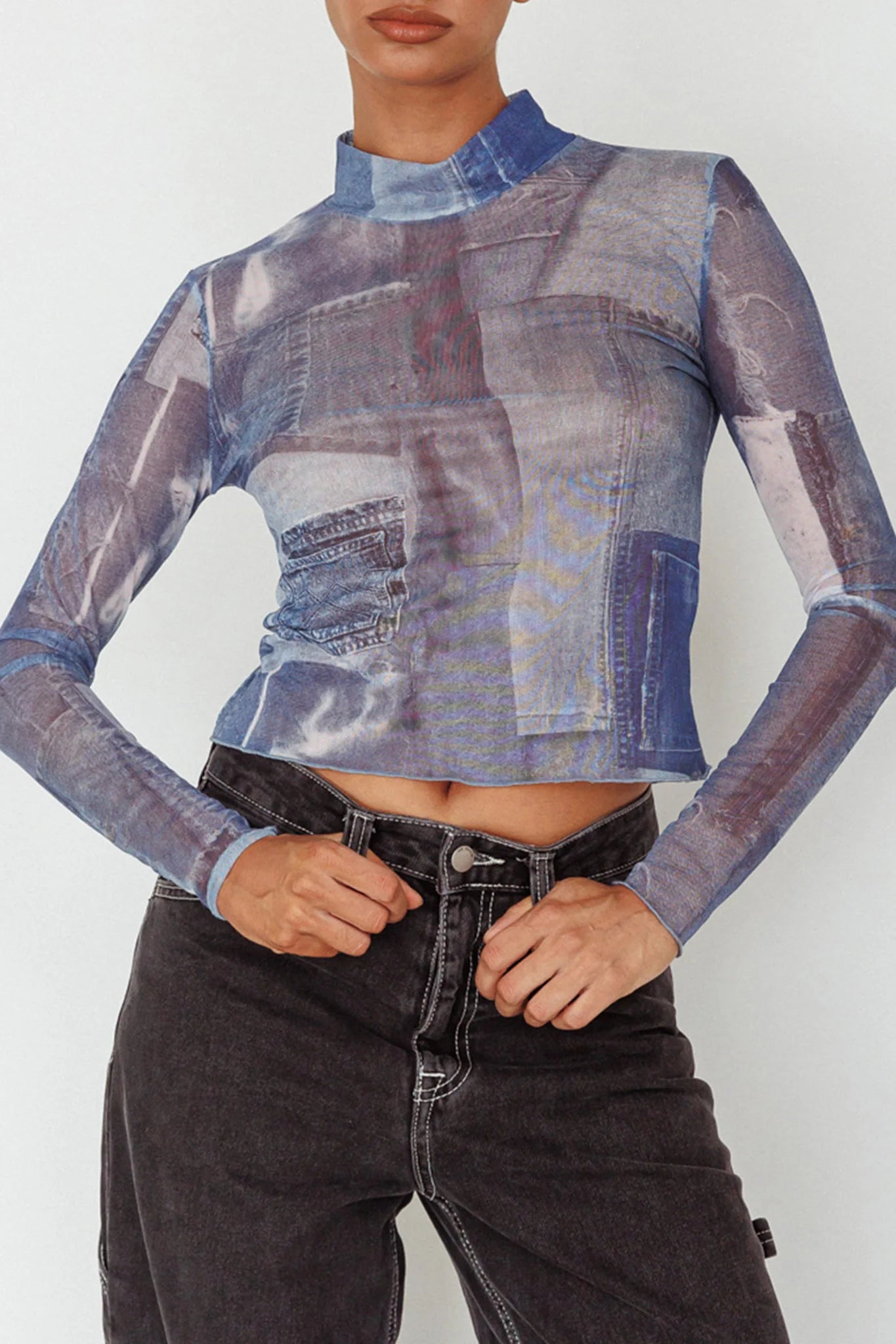Giza Long Sleeve Mock Neck Top Print Denim Multi