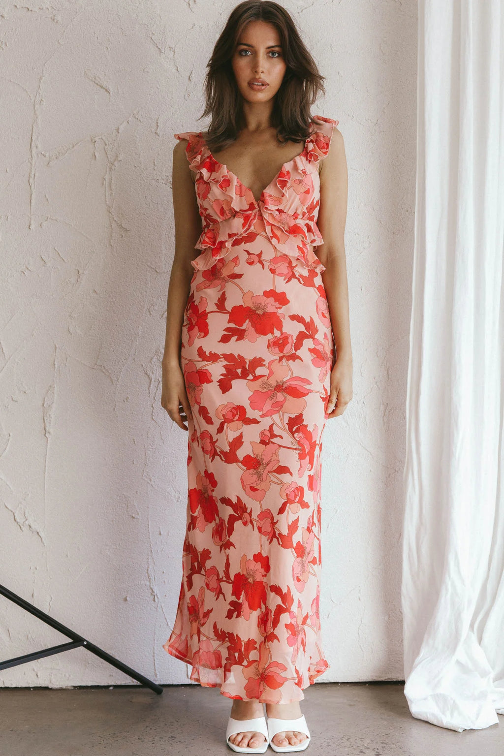 Second Chances Ruffle Trim Midi Dress Floral Pink