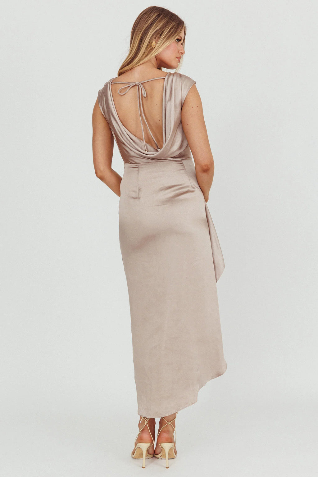 Grecian Cap Sleeve Cowl Back Dress Mocha