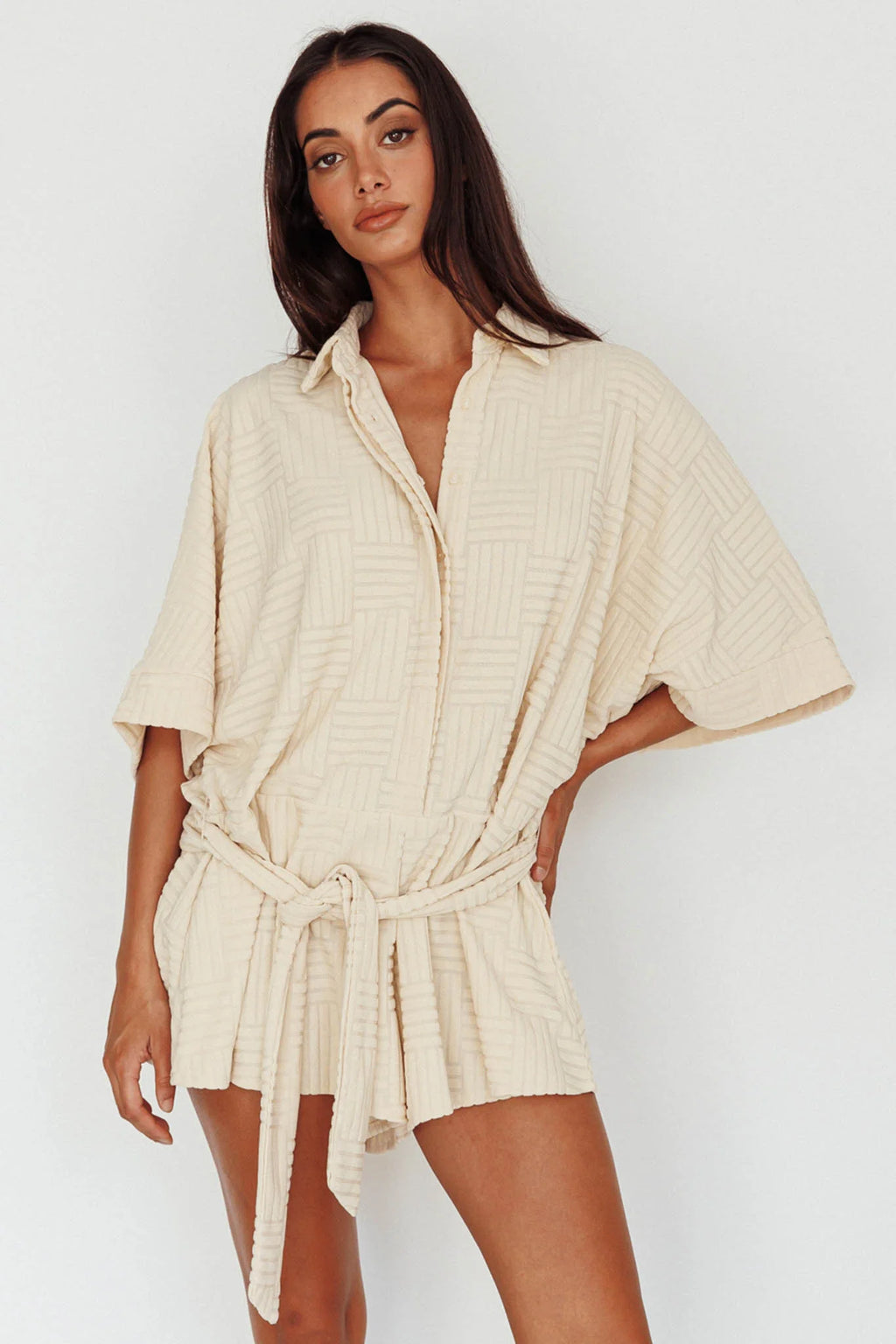 Daytona Beach Button-Up Romper Textured Beige