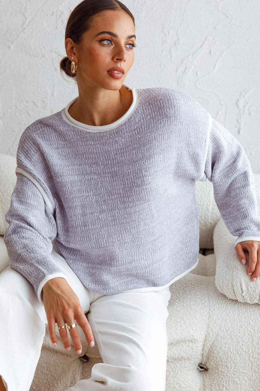Sitting Pretty Drop Sleeve White Trim Knit Sweater Blue