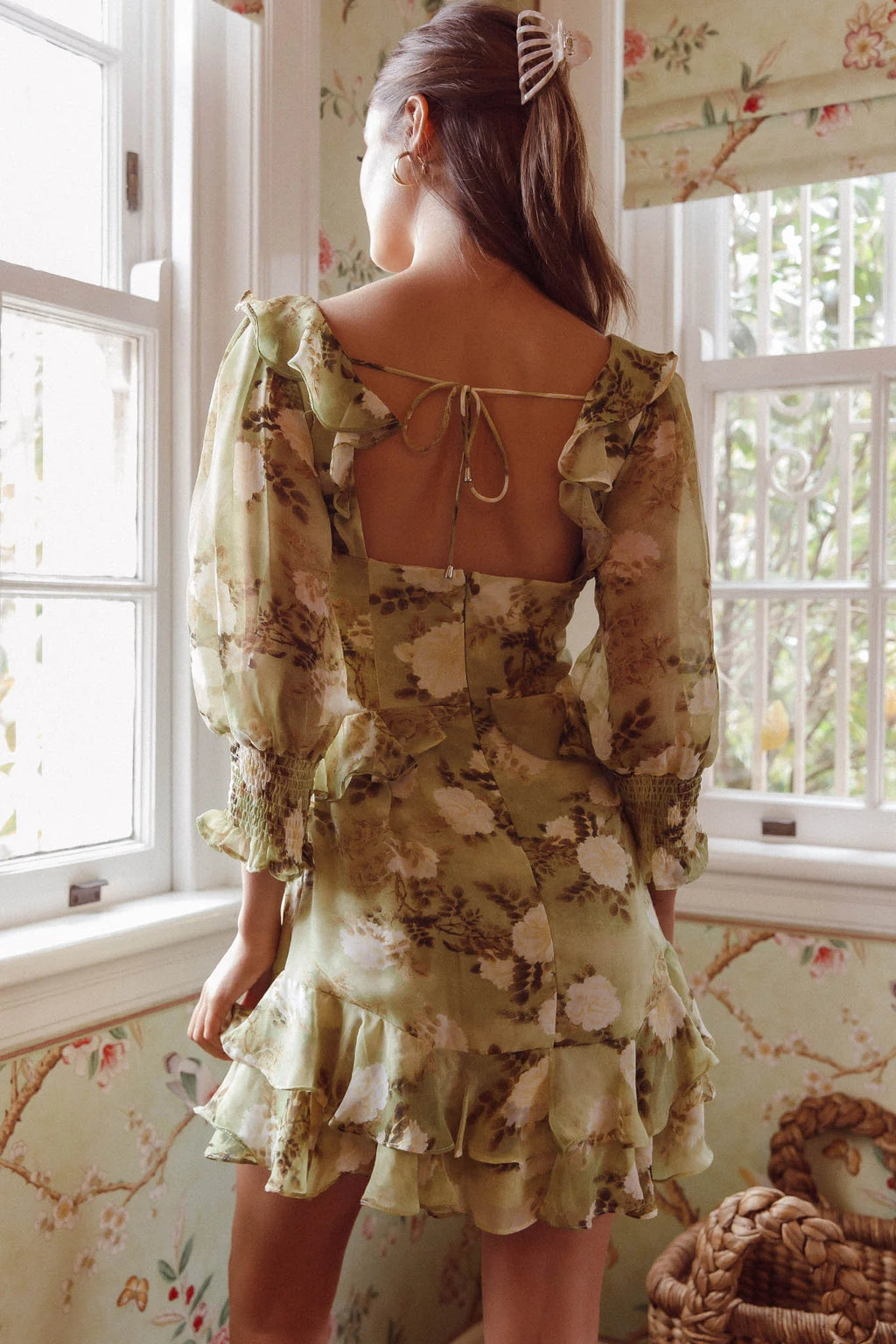 Desiree 3/4 Sleeve Sweetheart Neckline Frill Dress Floral Green