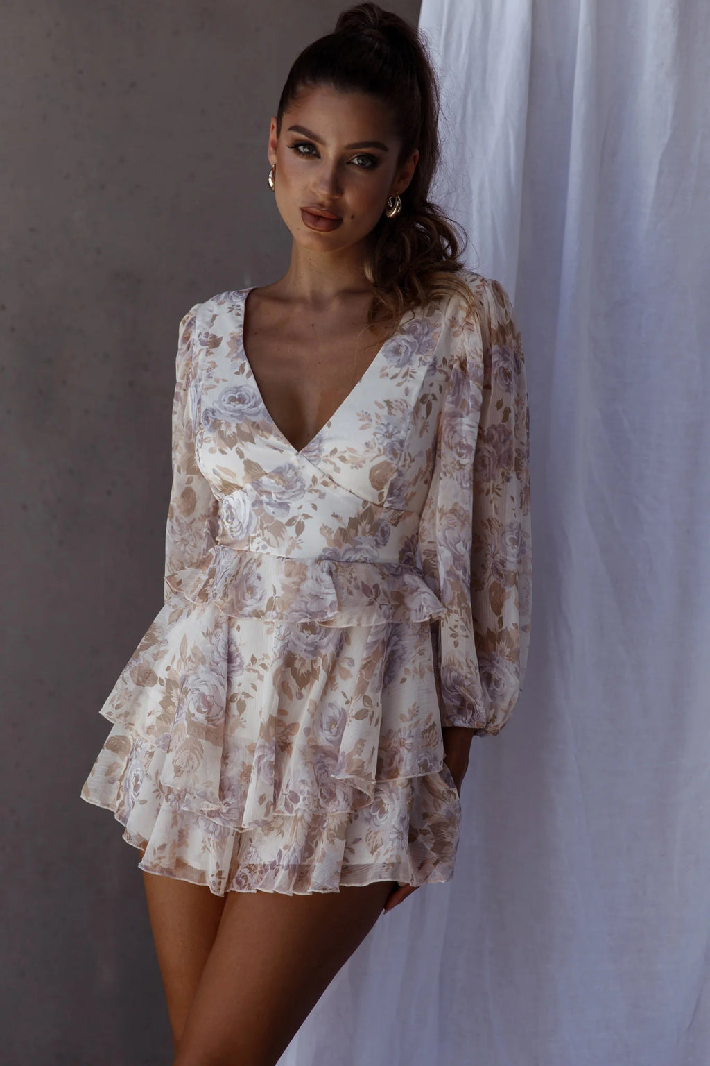 La Nena Frill Trim Flounce Romper Floral Cream