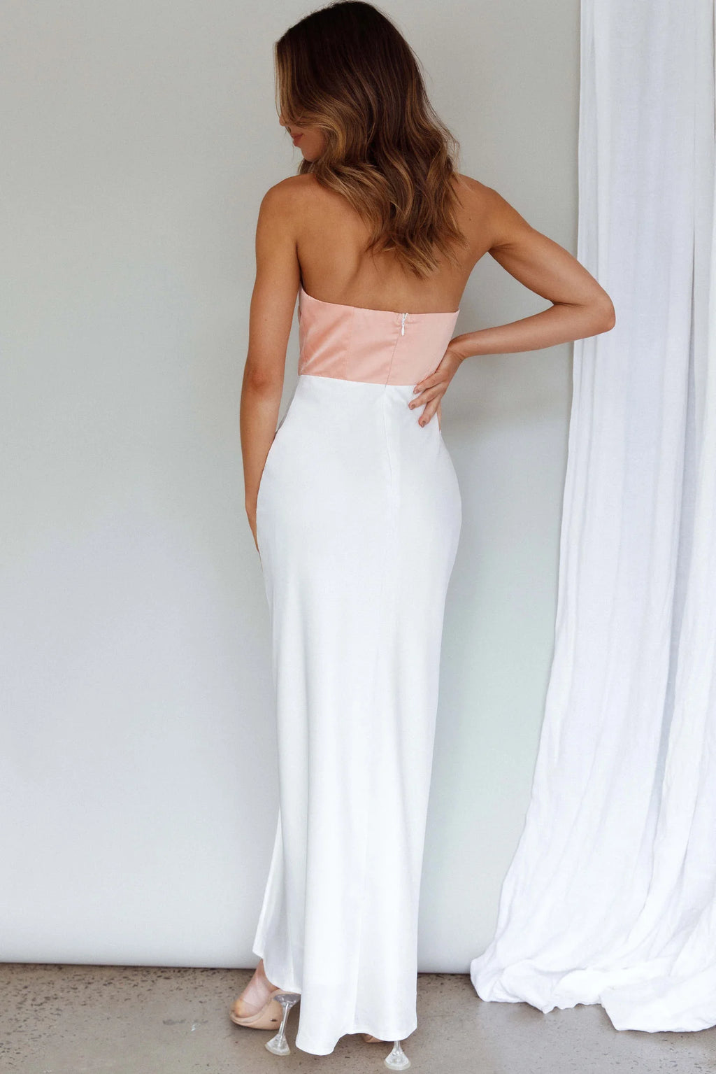 Everlee Strapless Split Midi Dress Peach