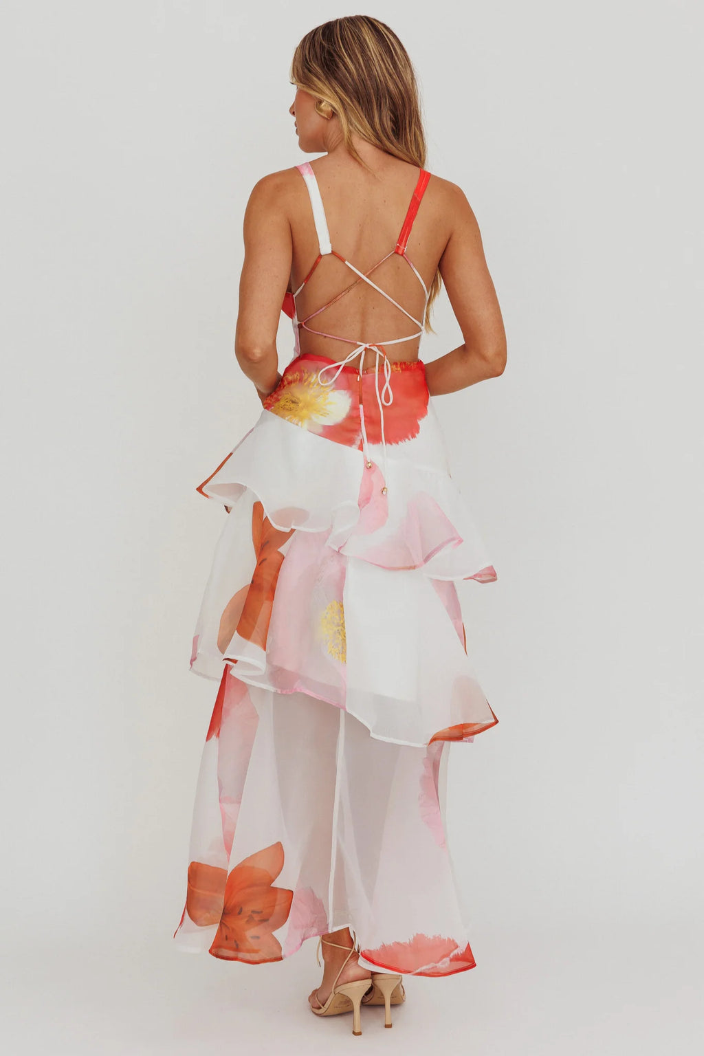 Veda Strappy Back Ruffle Maxi Dress Flowers Pink