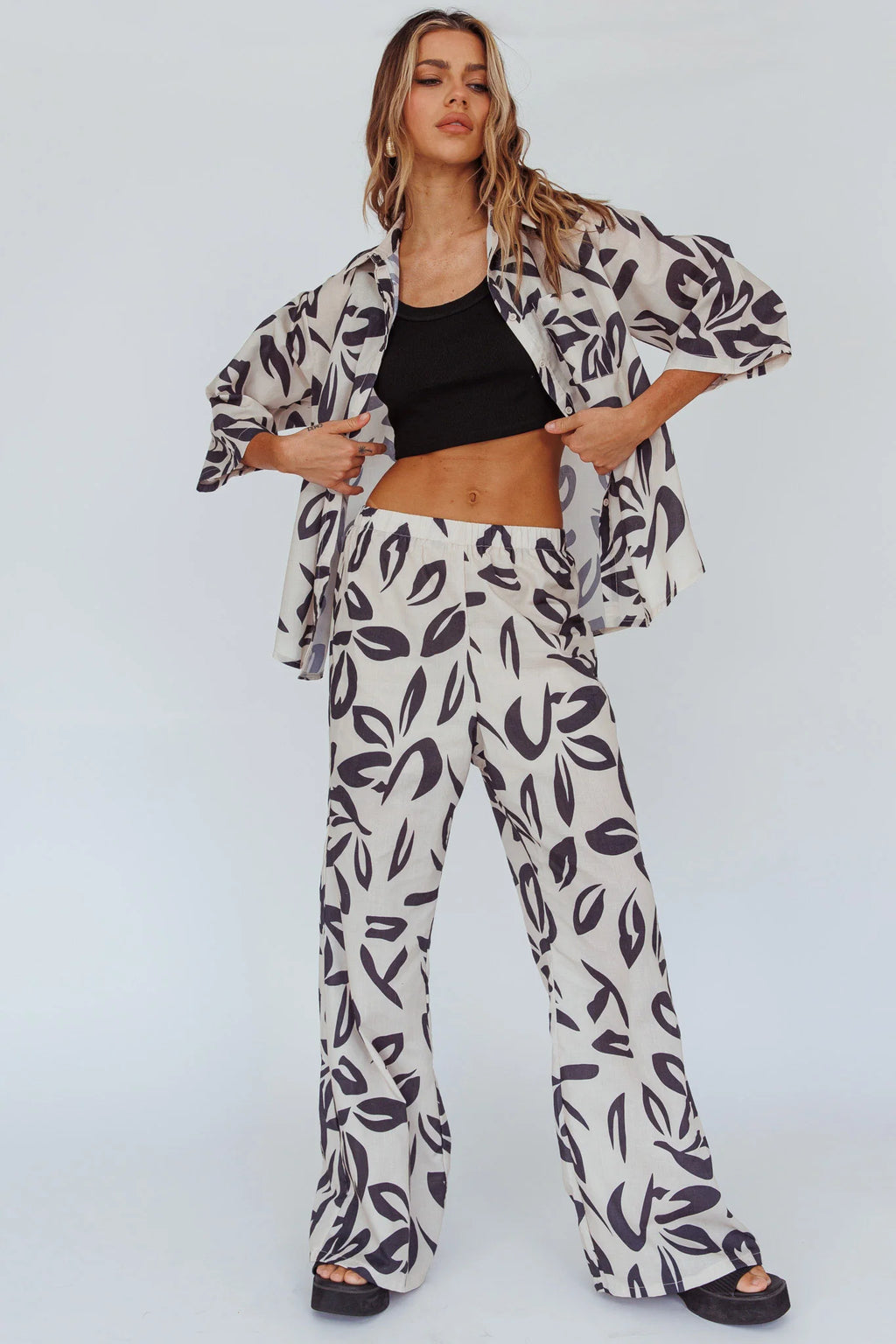 Just A Hunch Button Shirt Leaf Print Beige