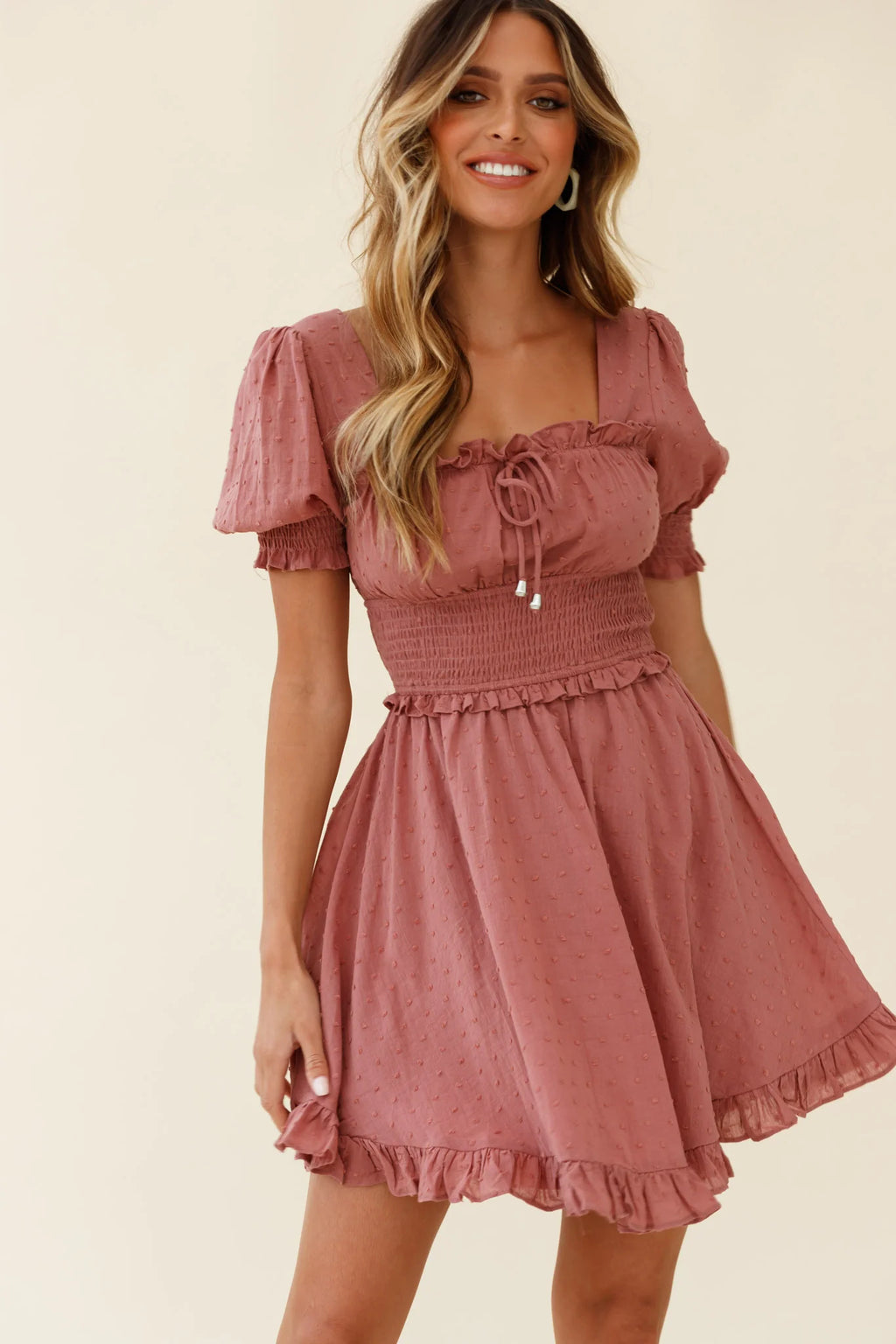 Summer In Paris Puff Sleeve Open Back Dress Rose