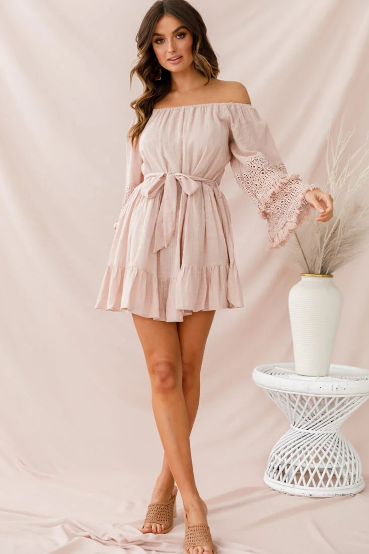 Mona Off-Shoulder Embellished Sleeve Dress Mocha