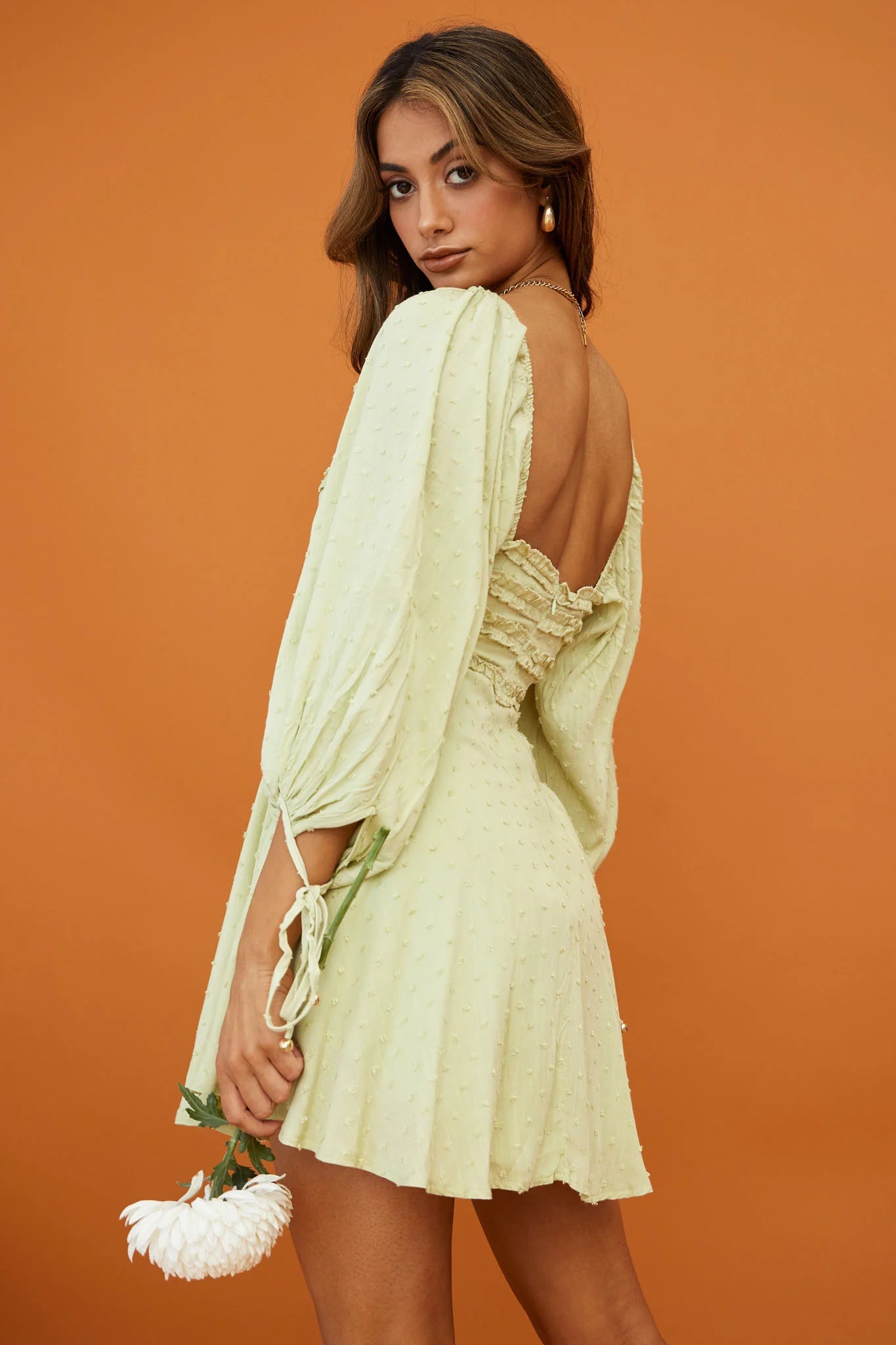 Illia Three-Quarter Balloon Sleeve Frill Bodice Dress Apple