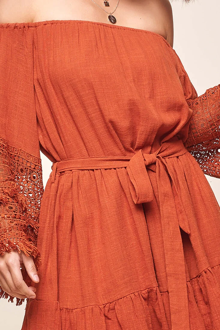 Mona Off-Shoulder Embellished Sleeve Dress Rust