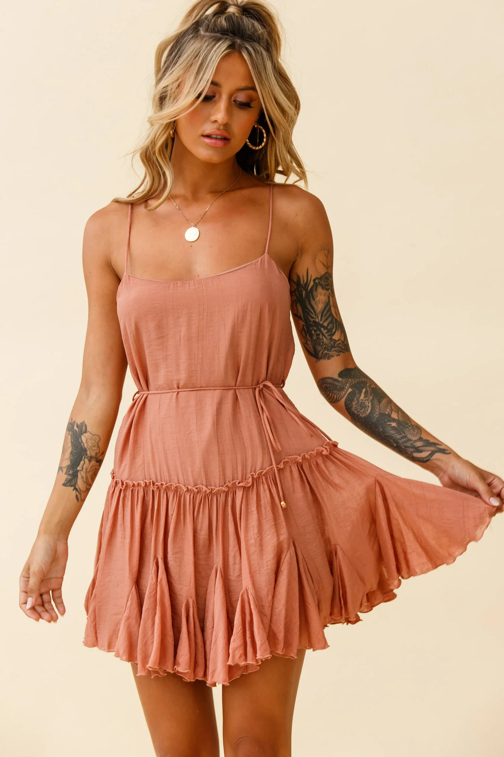 Rosabel Spaghetti Strap Fluted Hem Dress Rose