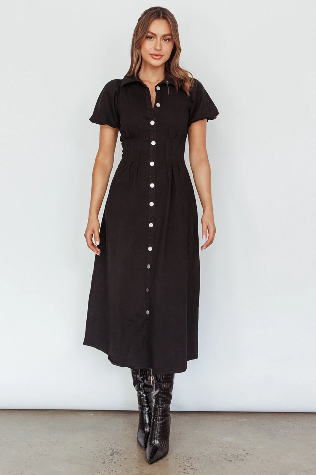 Zurich Pleated Waist Midi Dress Black