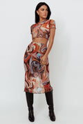 Priyanka Lettuce Edge Mesh Midi Skirt Brown Multi