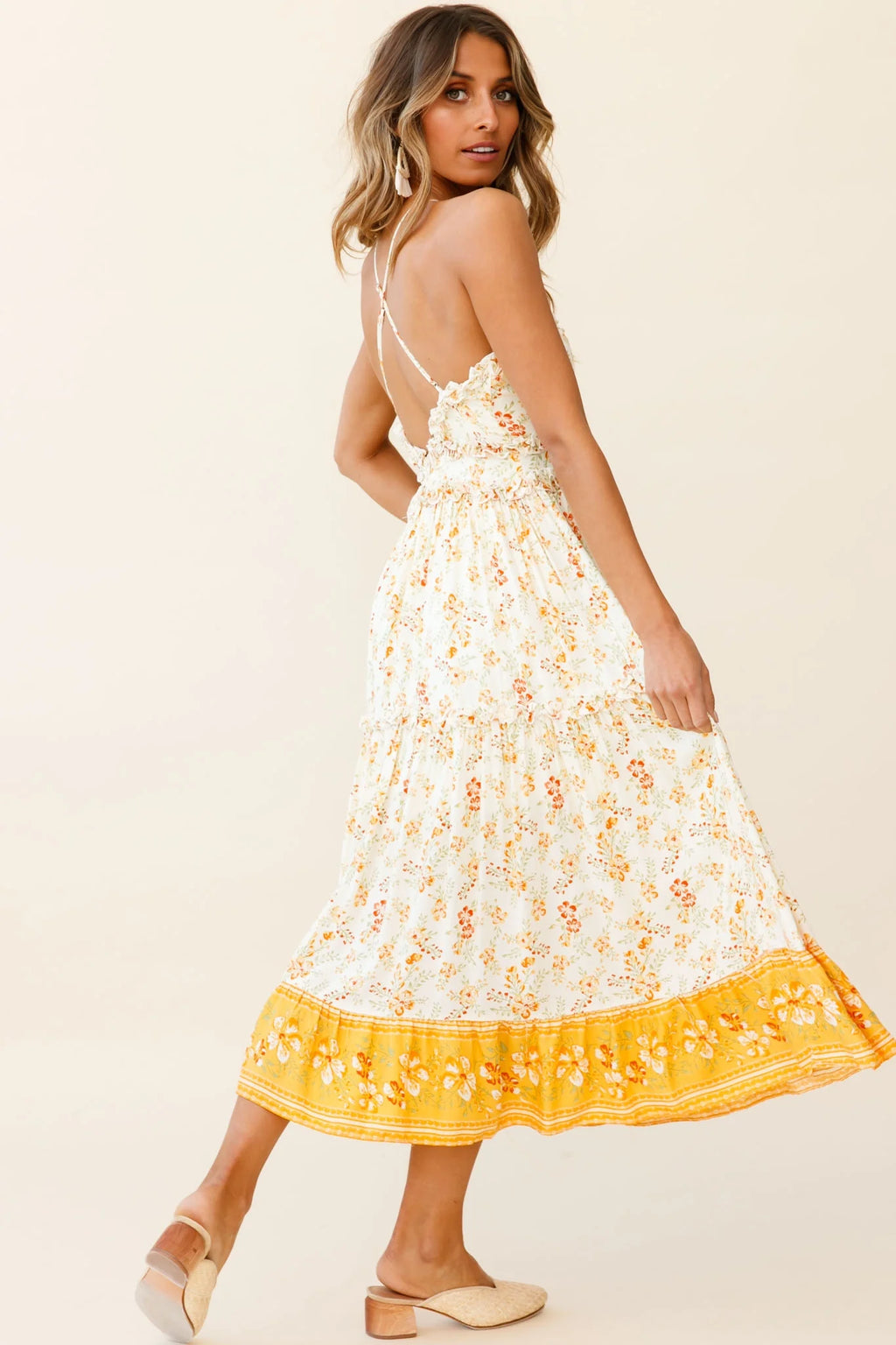 Laney Low Back Cami Strap Midi Dress Hibiscus Print Mustard