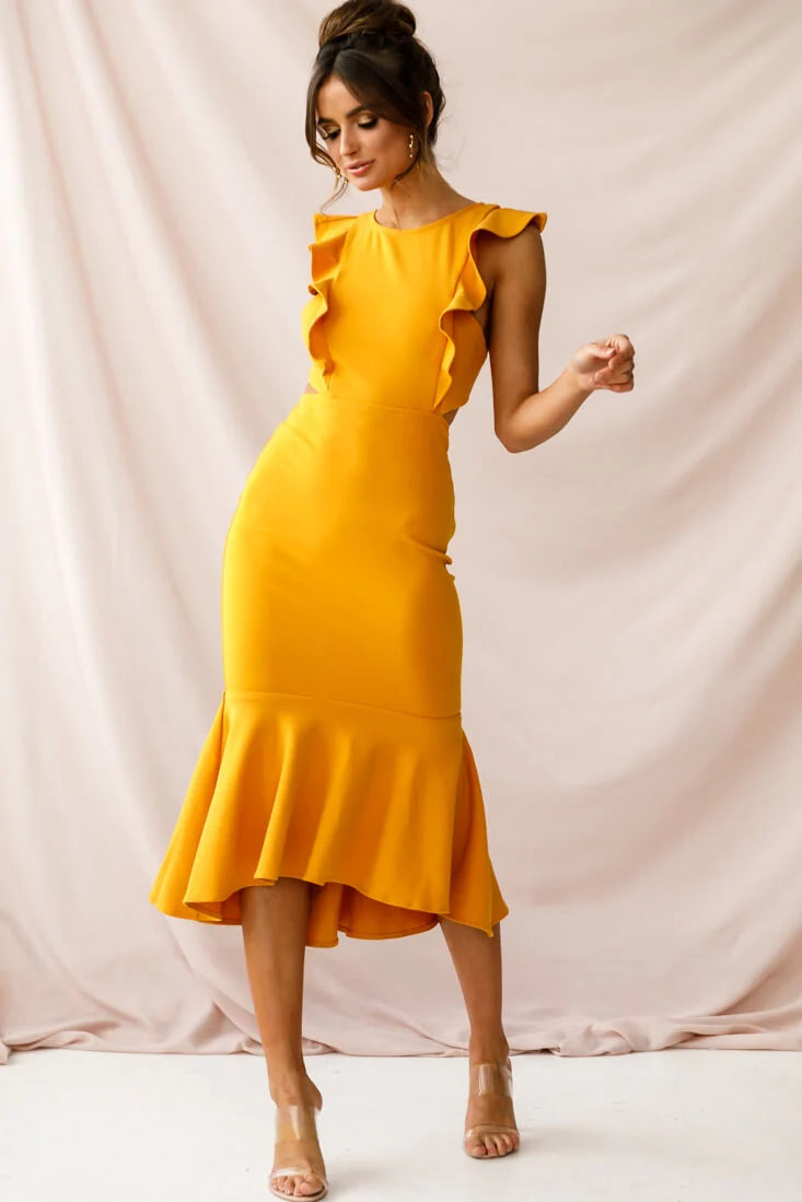 Jackie Wide Ruffle Hem Pinafore Midi Dress Mustard