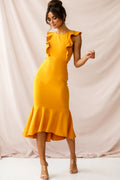 Jackie Wide Ruffle Hem Pinafore Midi Dress Mustard