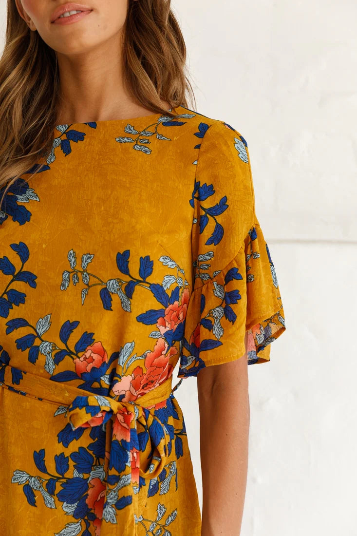 Azealia Floral Wrap Dress Mustard