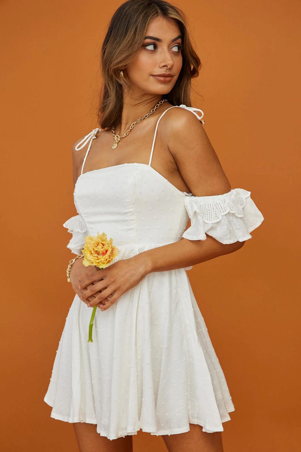 Wayside String Tie Strap Lace Trim Mini Dress White
