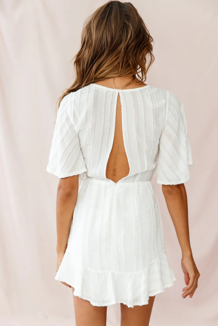 Knowing Tie-Front Frill Hem Dress White