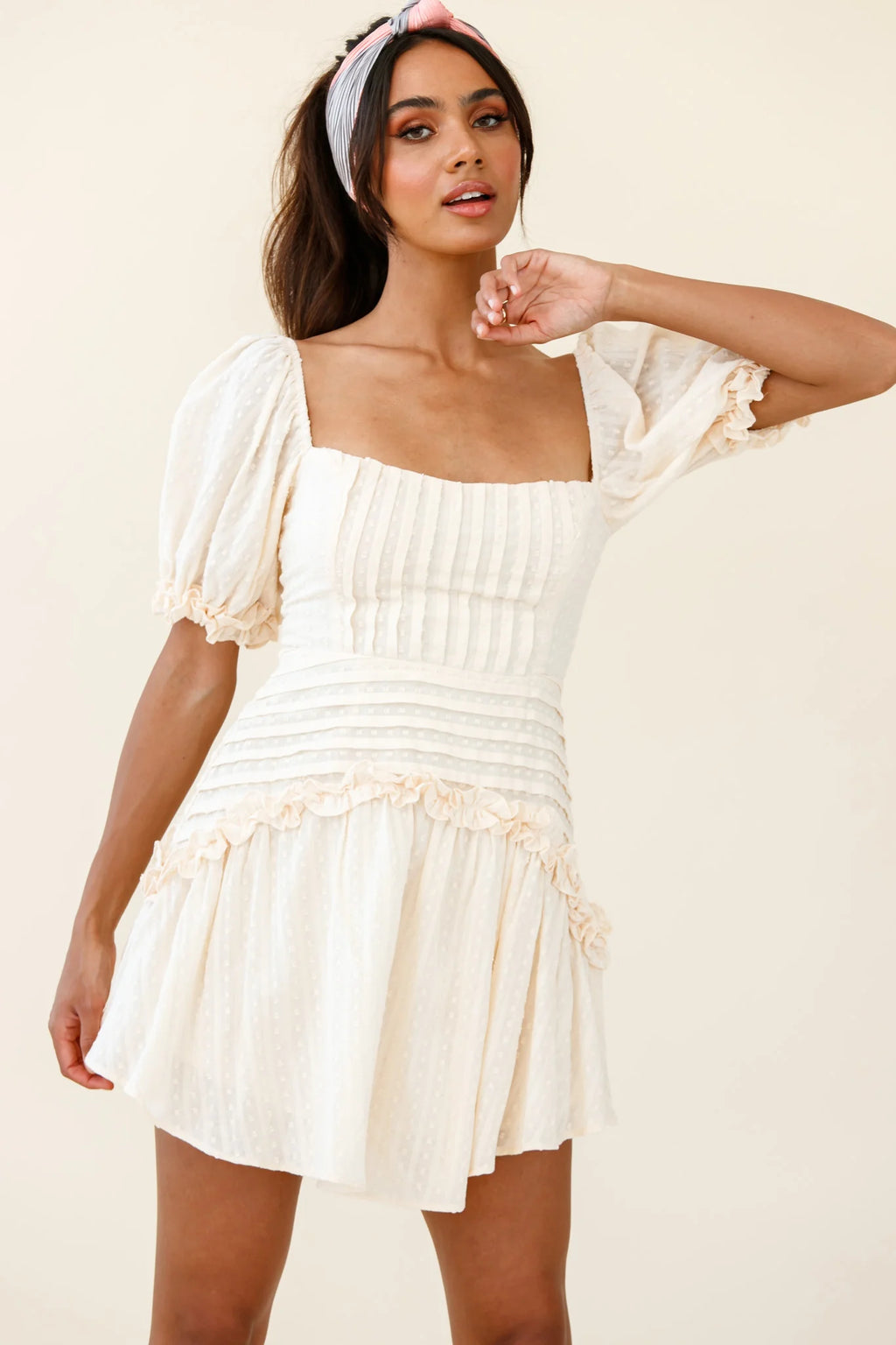 Sunshine Lane Milkmaid Sleeve Lace-up Back Dress Beige