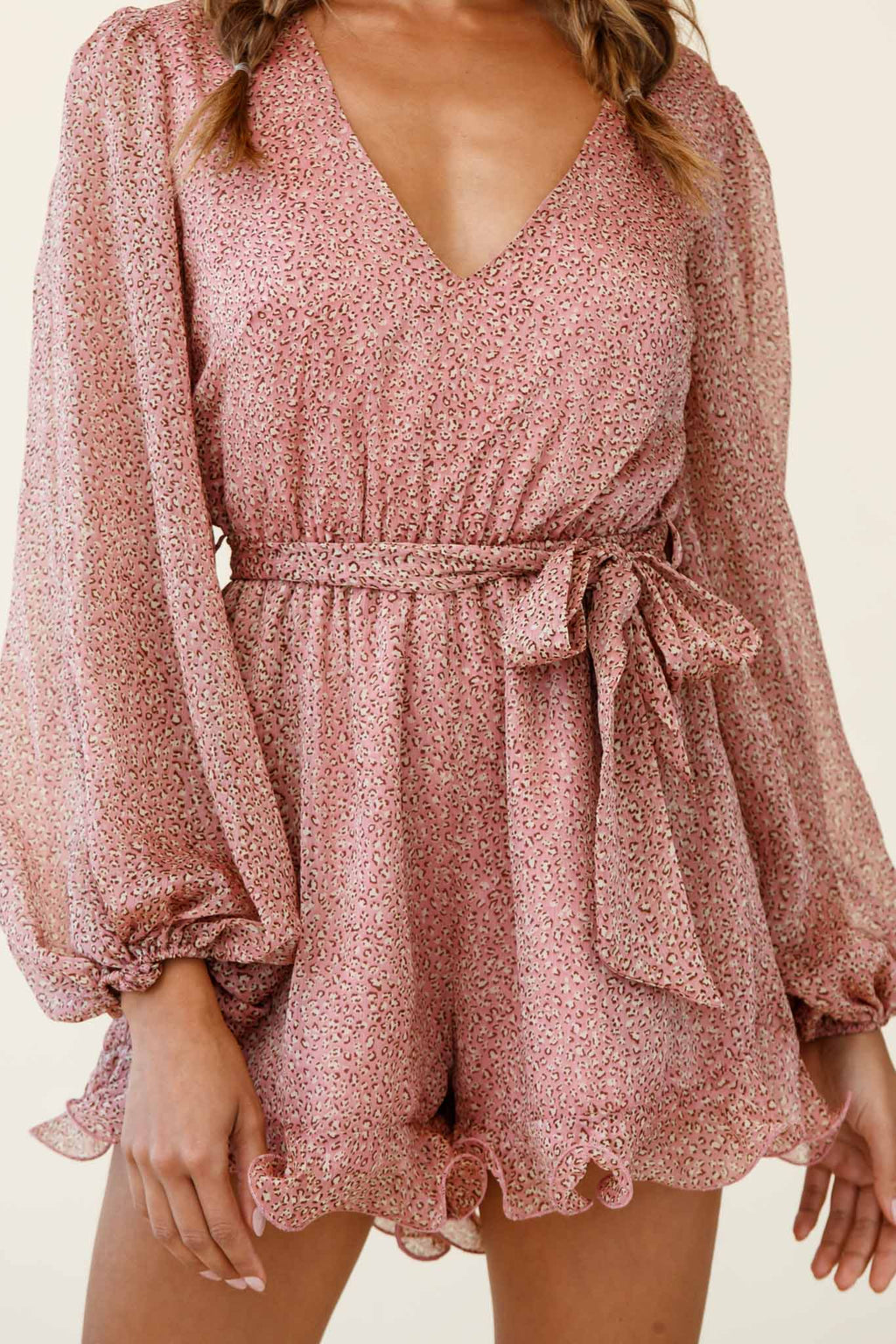 Hilda Long Sleeve Waist Tie Romper Leopard Print Blush