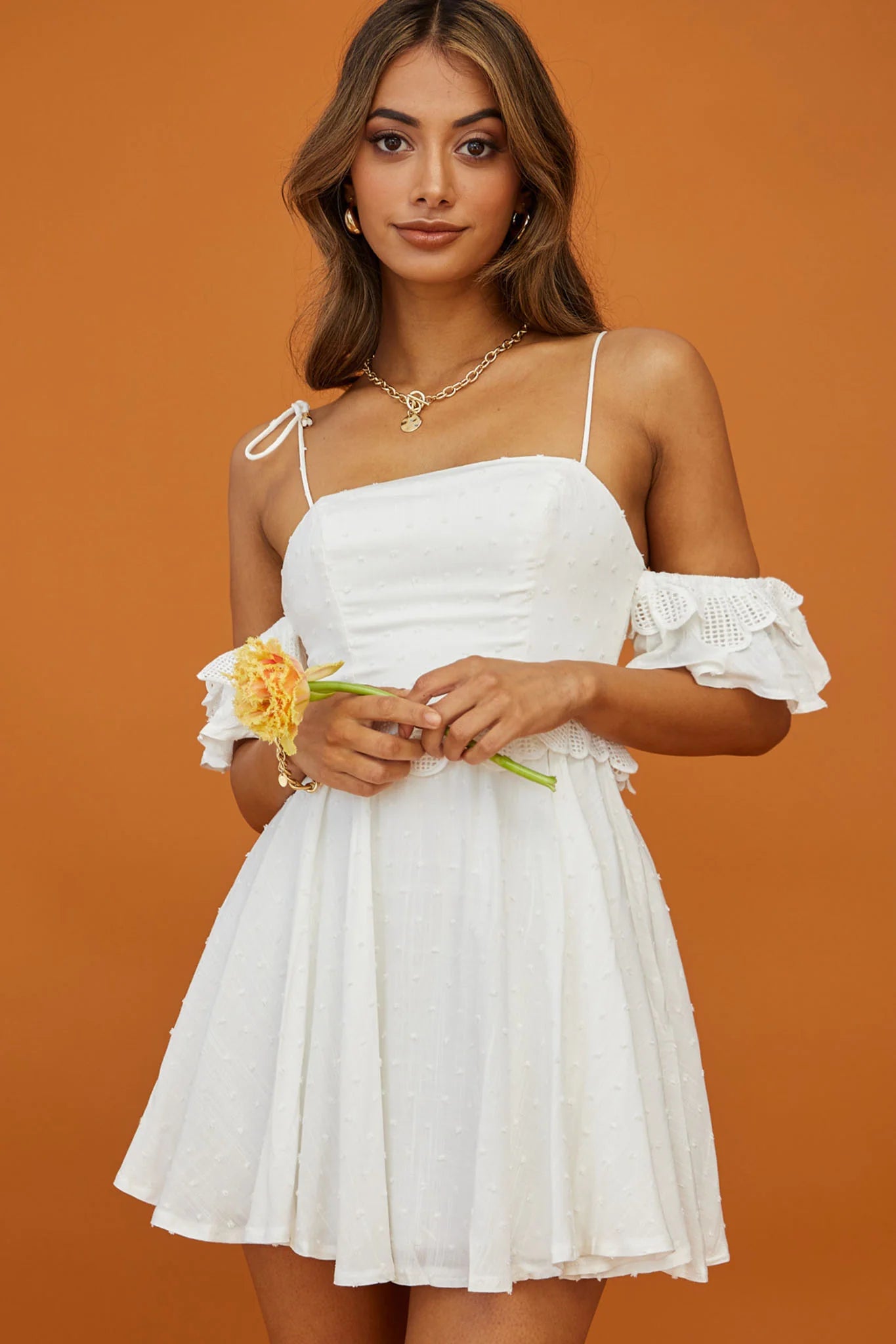 Wayside String Tie Strap Lace Trim Mini Dress White