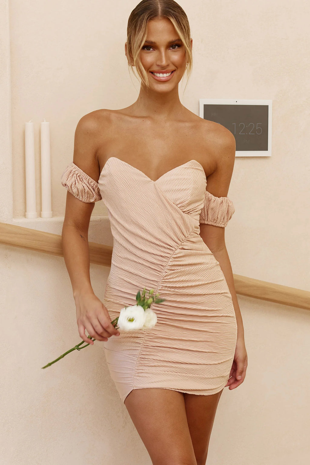 It's A Vibe Sweetheart Neckline Puff Sleeve Mini Bodycon Dress Blush