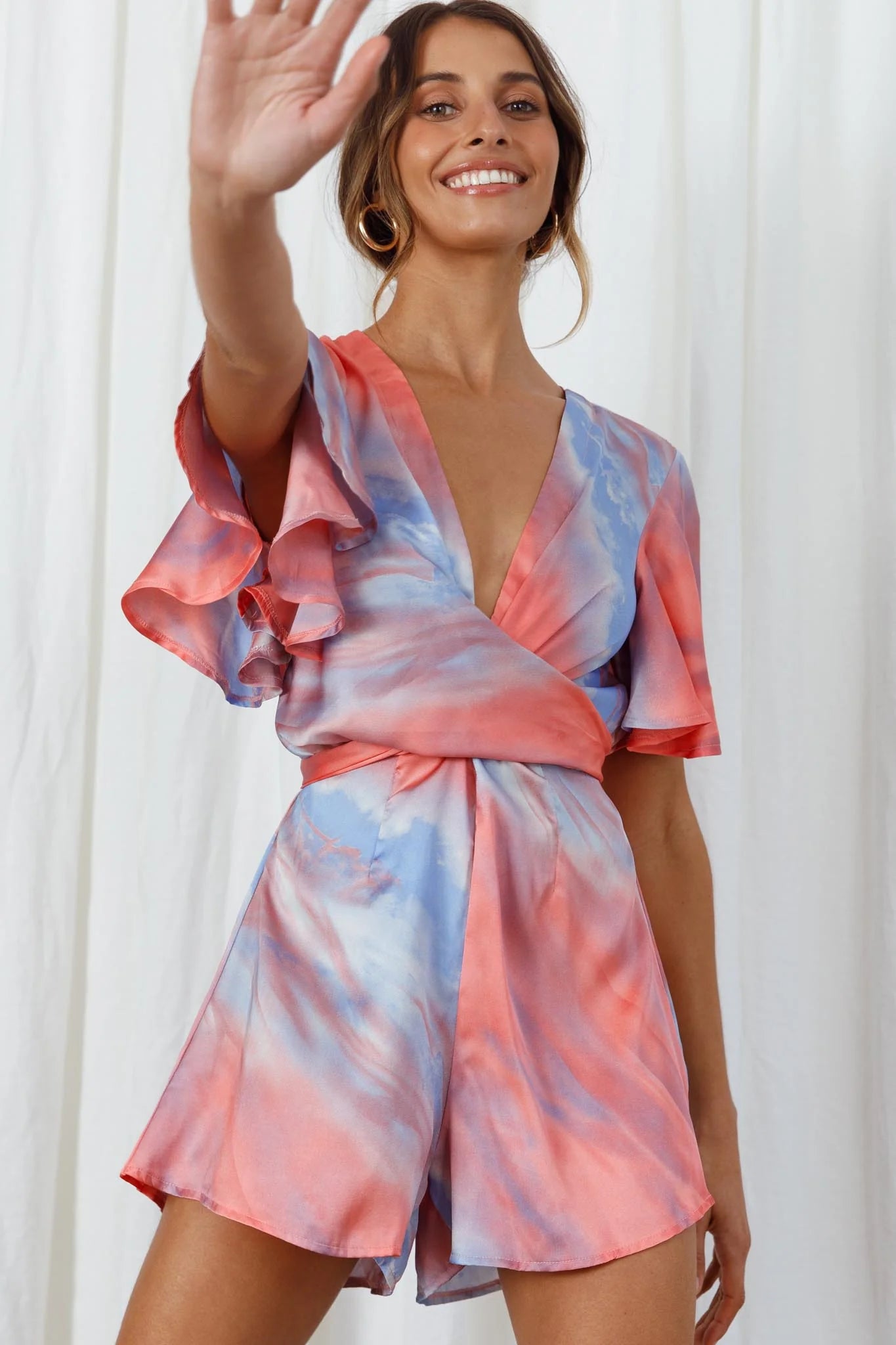 Unconditional Plunging Wrap Style Romper Marbled Tie Dye Red/Purple