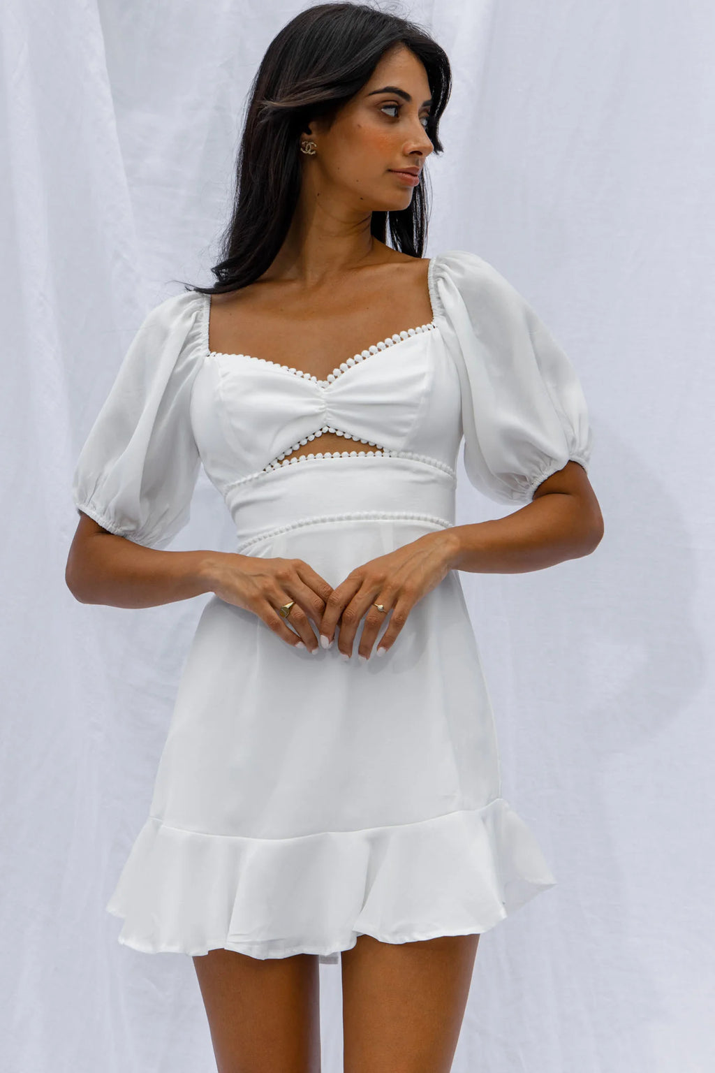 Catch Feelings Sweetheart Neckline Puff Sleeve Dot Trim Dress White