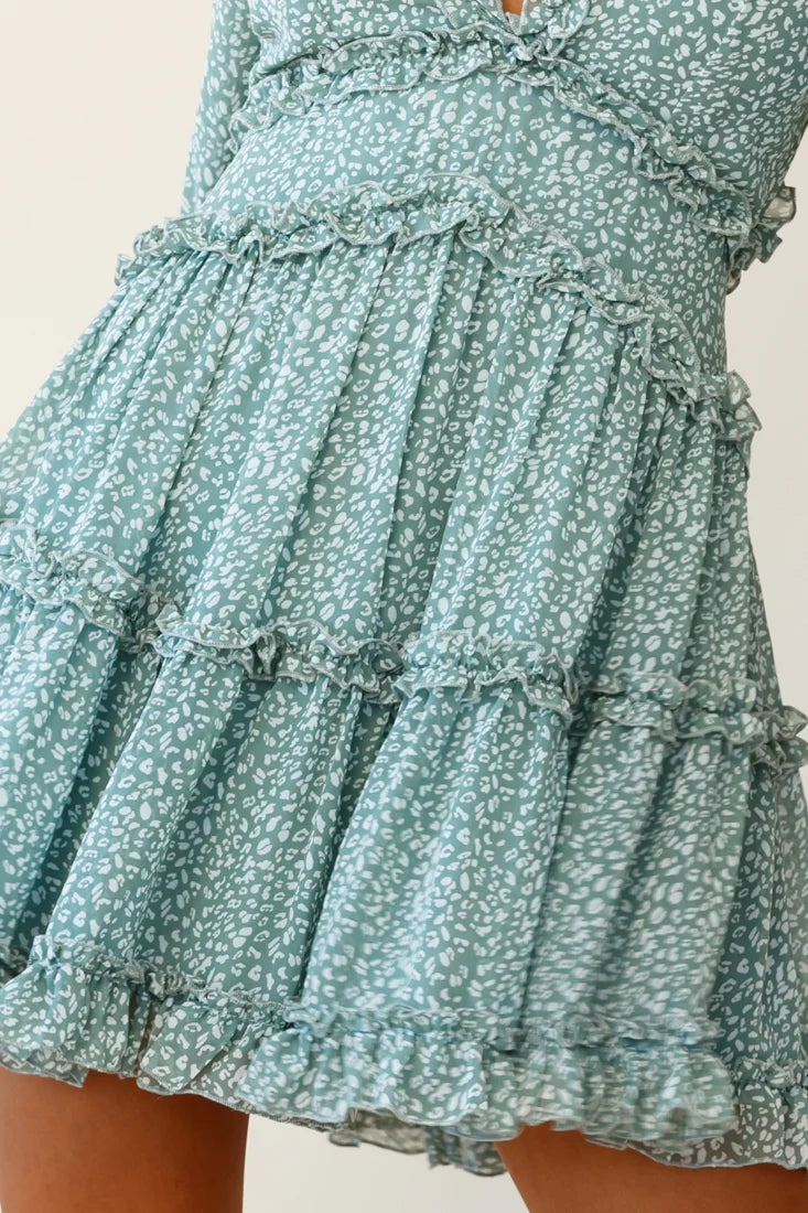 Laney Cutout Back Balloon Sleeve Dress Speckle Print Olive