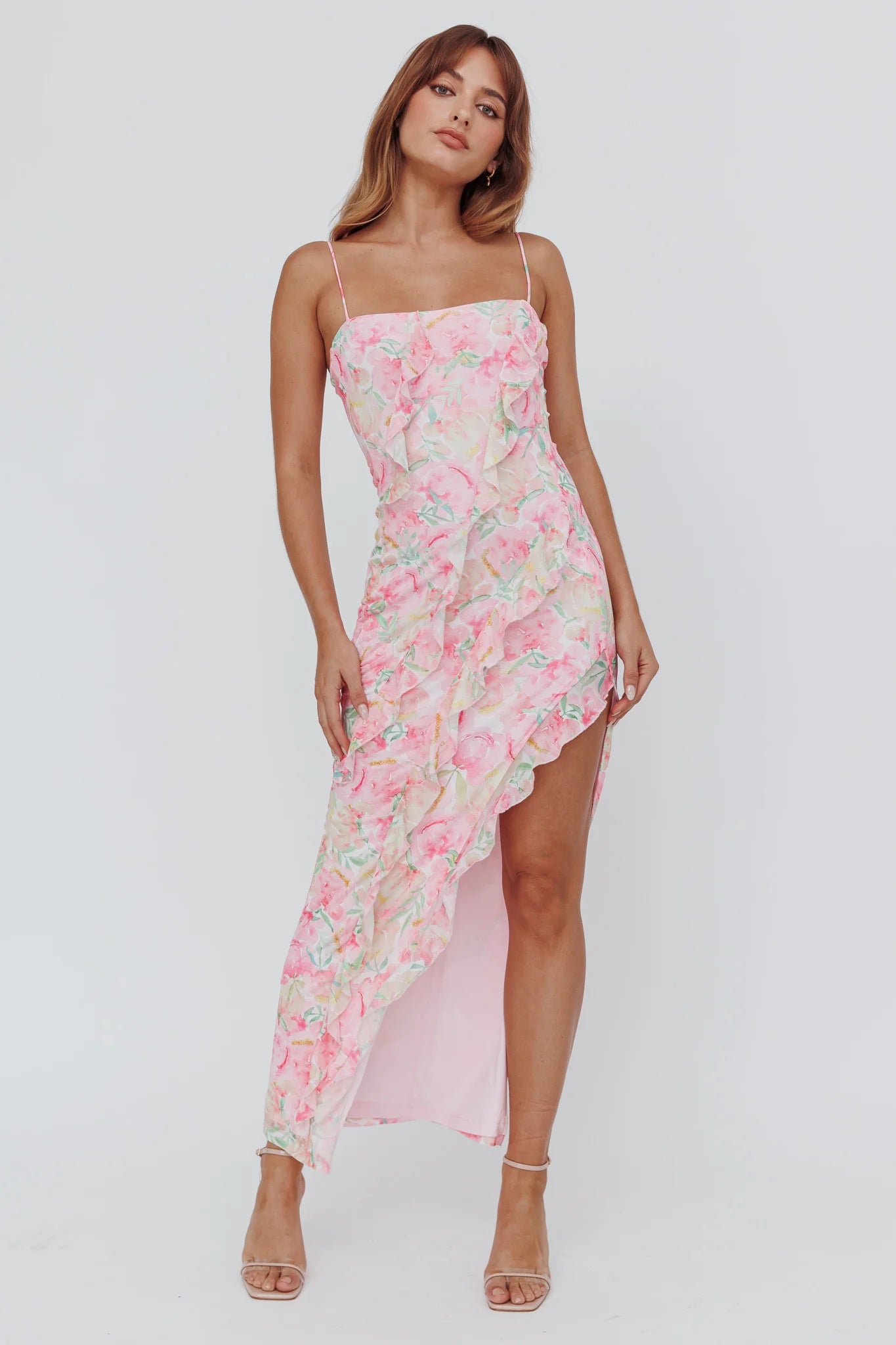 Catriona Split Ruffle Midi Dress Floral Yellow
