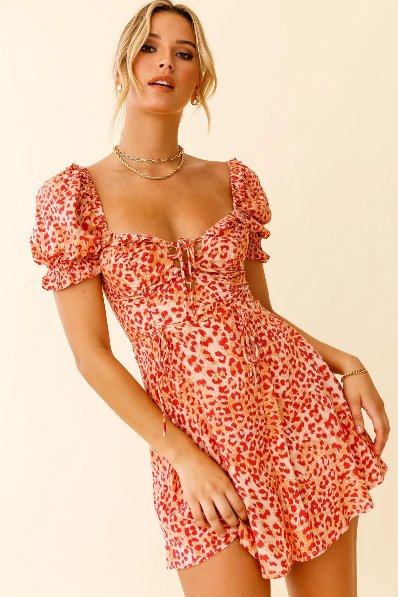 La Quinta Lace-Up Bust Drawstring Detail A-Line Dress Leopard Print Orange