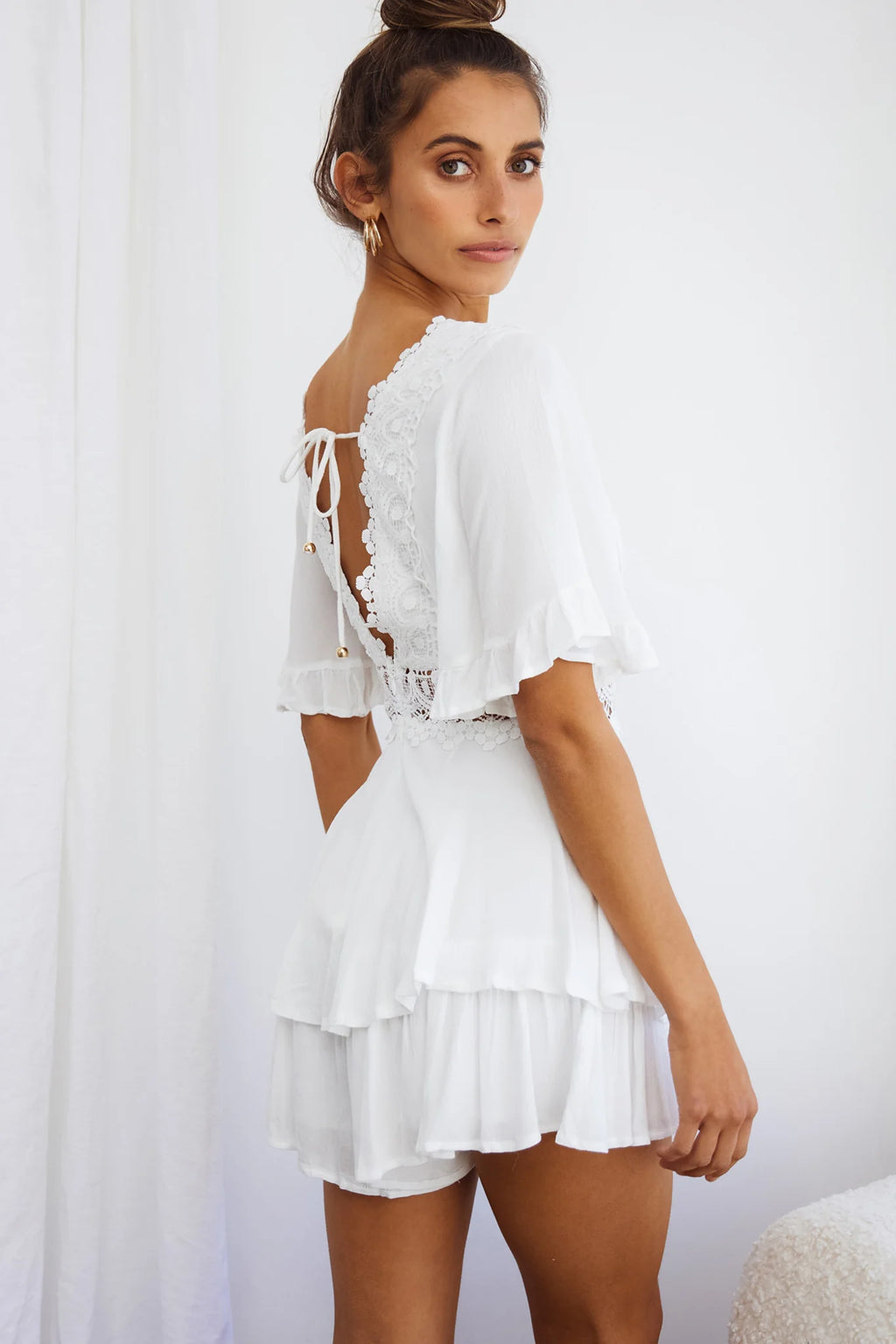 Lillian Crochet Lace Trim Flounce Hem Romper White