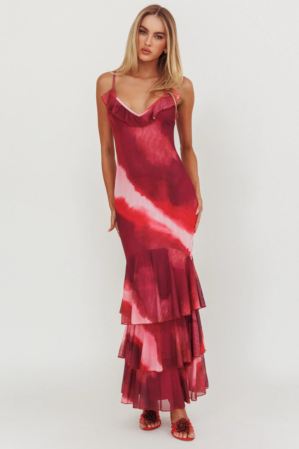 Oskar Tiered Ruffle Hem Mermaid Maxi Dress Pink