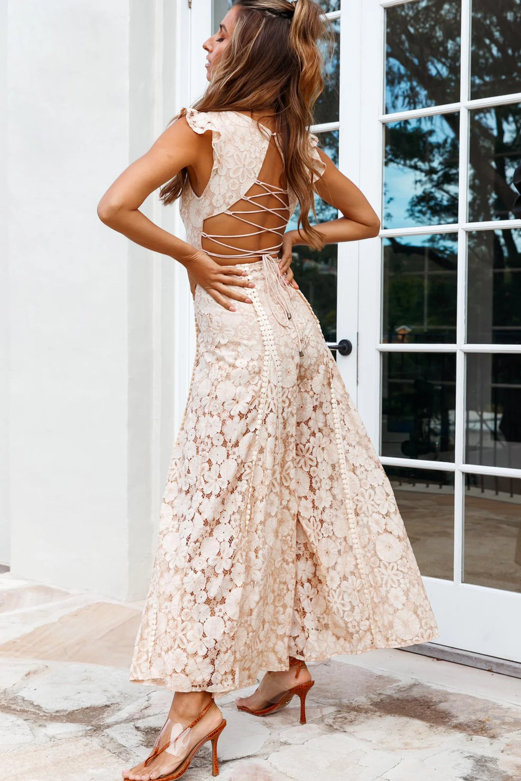 Take Note Laced-Back Frill Shoulder Lace Jumpsuit Nude