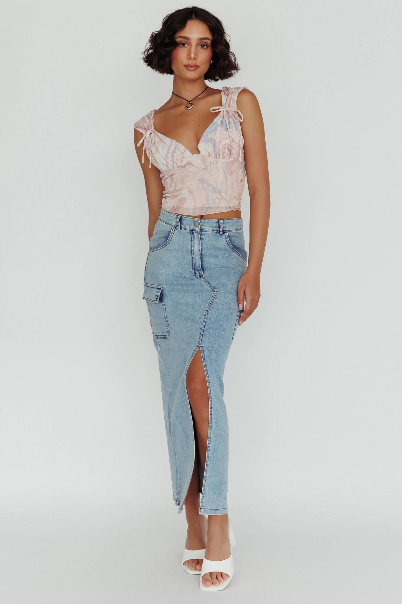 Fairfax Shoulder Tie Crop Top Pink Multi