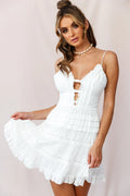Riley Deep V-Neckline Ruffle Detail Dress White