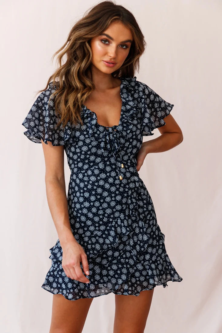 Kalina Ruffle Neckline Flutter Sleeve Mini Dress Dot Print Navy/White
