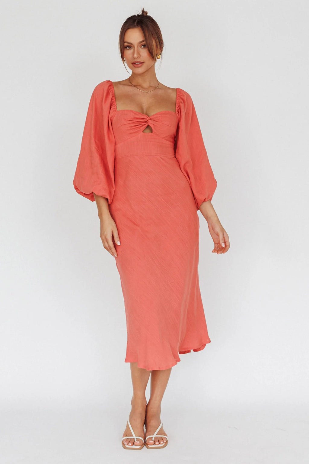 Betina Twist Bust Long Sleeve Midi Dress Lipstick