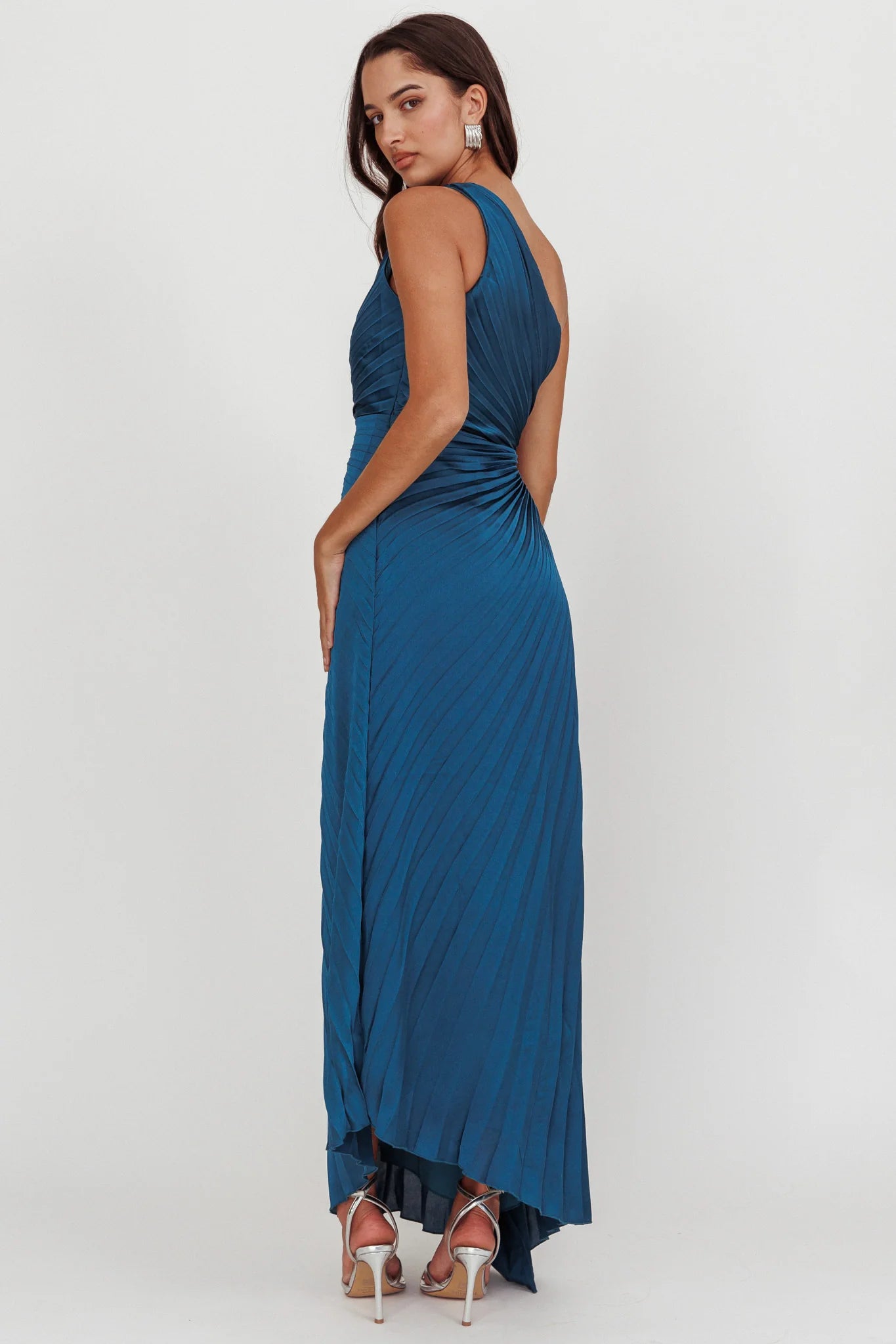 Amelie One-Shoulder Accordion Pleat Maxi Dress Teal