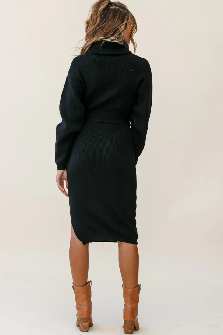 Marco Long Sleeve Turtleneck Knit Midi Dress Black