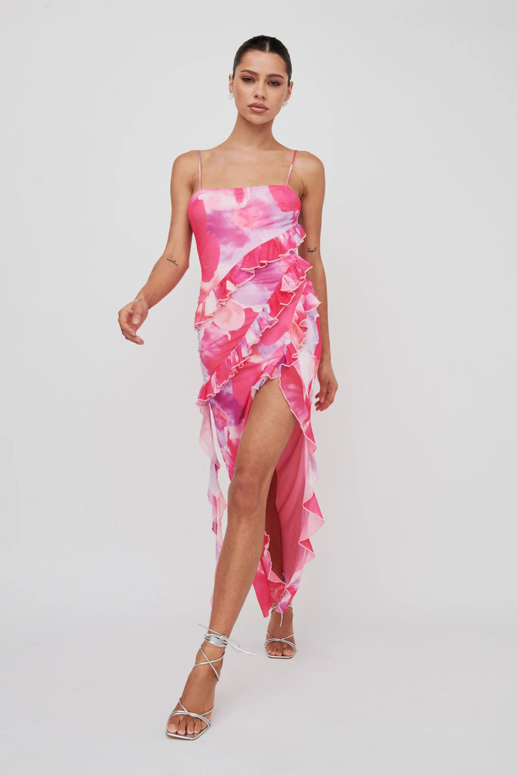 Crush On You Split Ruffle Midi Dress Pink