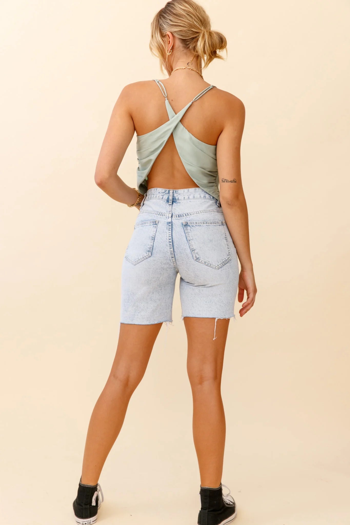 Miss Independent Cowl Neck Crossover Back Top Pistachio