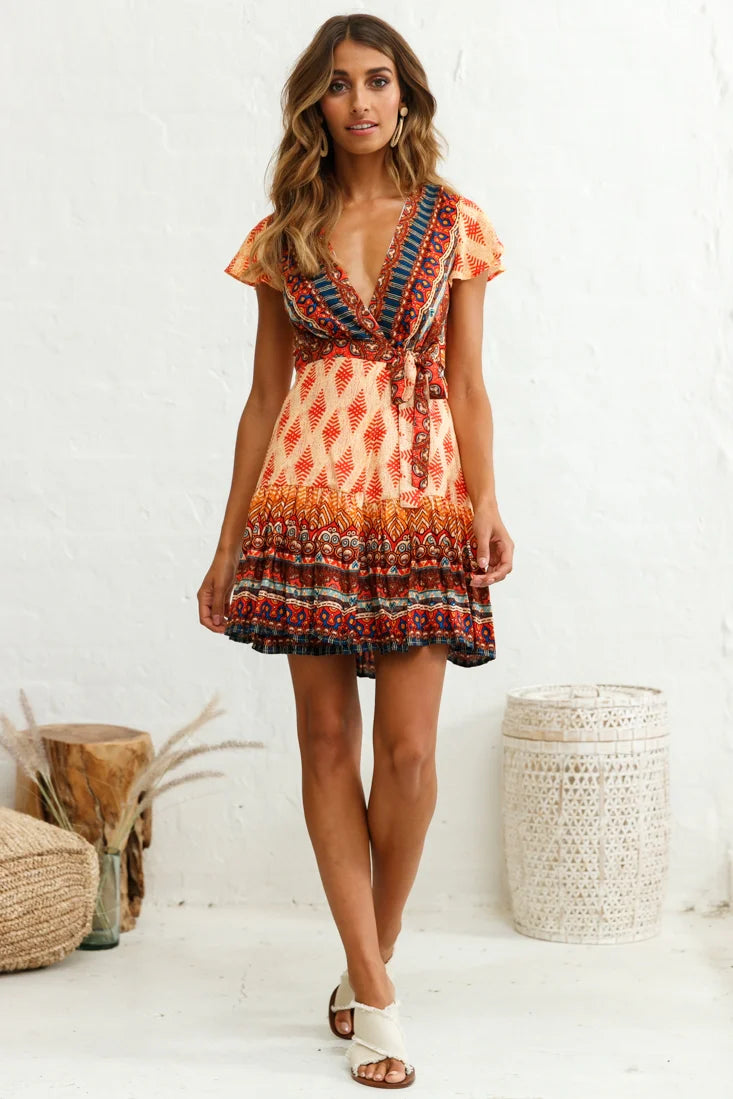 Mayan Angel Sleeve Waist Tie Dress Red Print