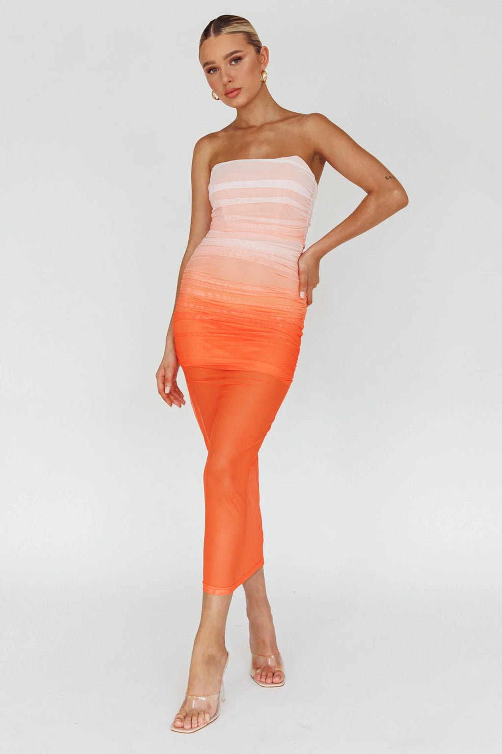 Logan Strapless Ruched Midi Dress Gradient Orange