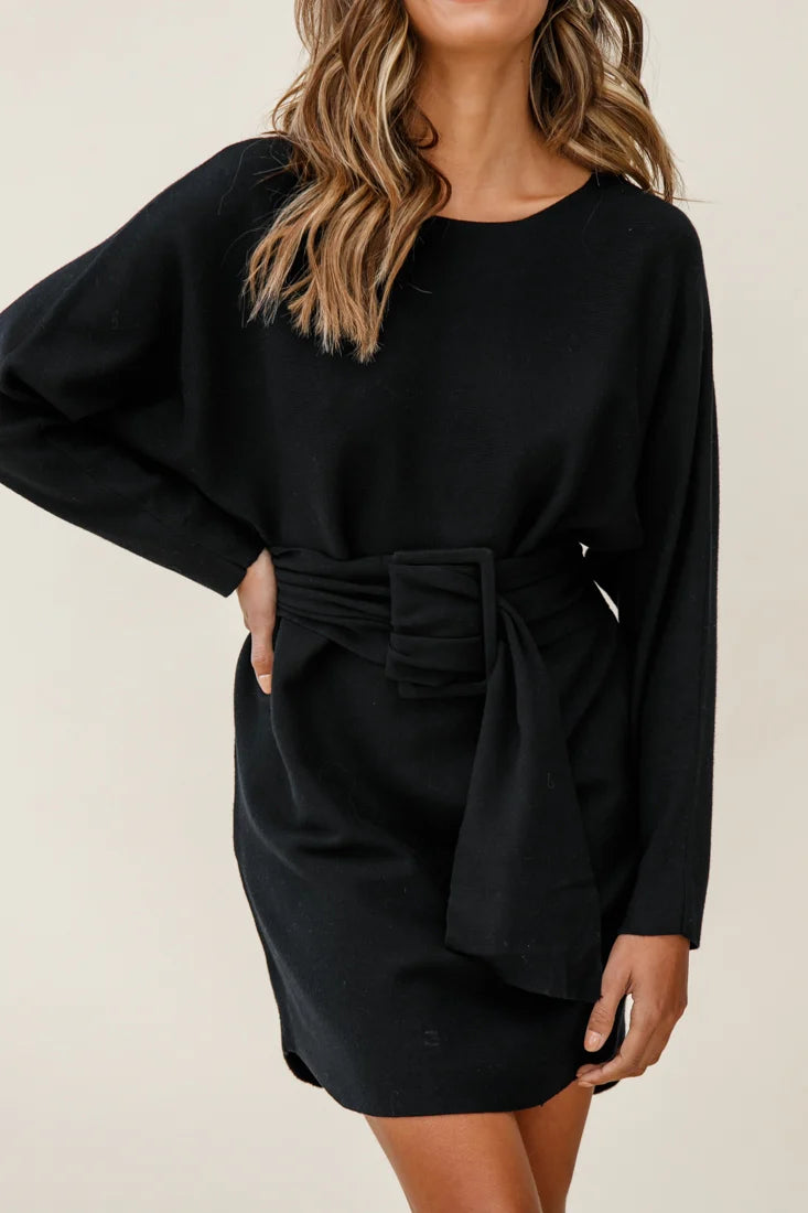 Lorelei Long Sleeve Wide Belt Knit Dress Black