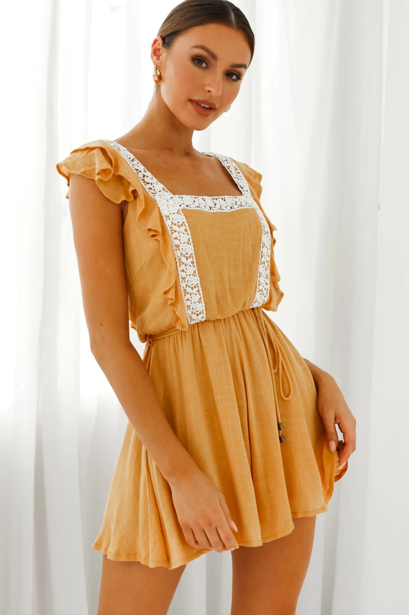 Meet Again Crochet Lace Trim Tie-Up Back Romper Mustard