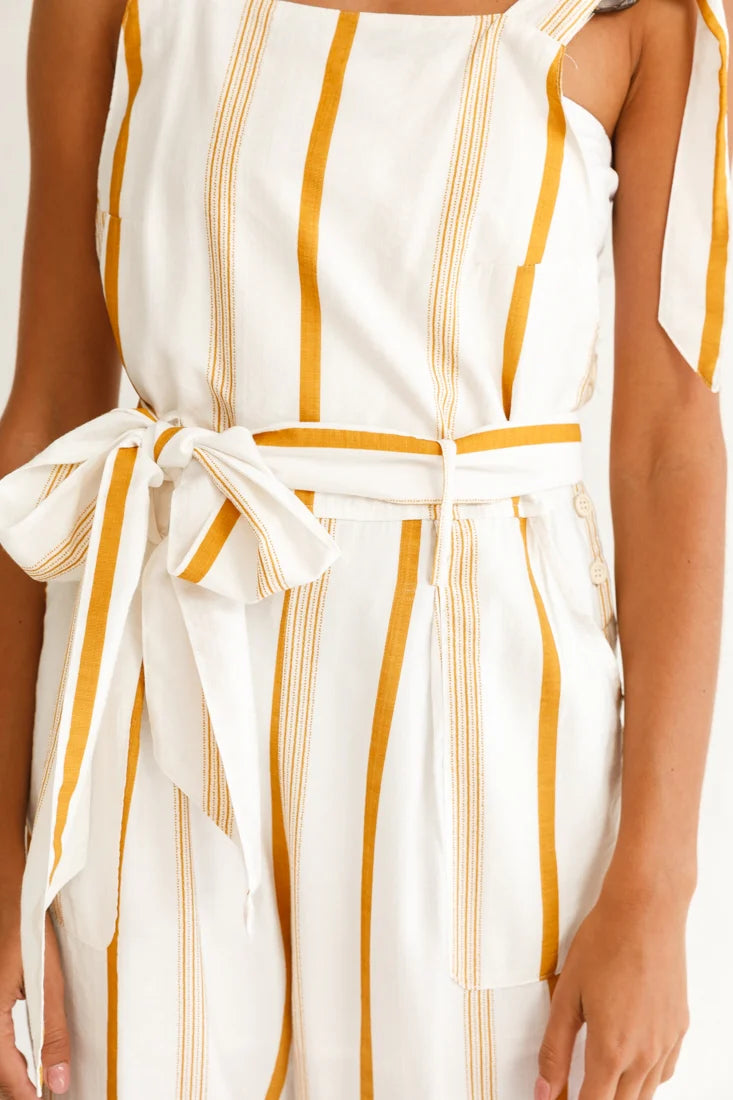 Fresno Straight Leg Pinafore Jumpsuit Stripe Print Mustard