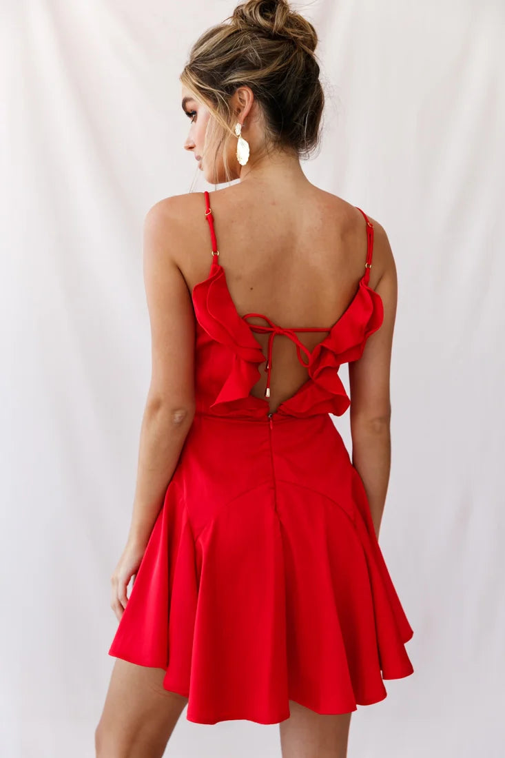 Valley Ruffle Tie-Up Back Dress Red