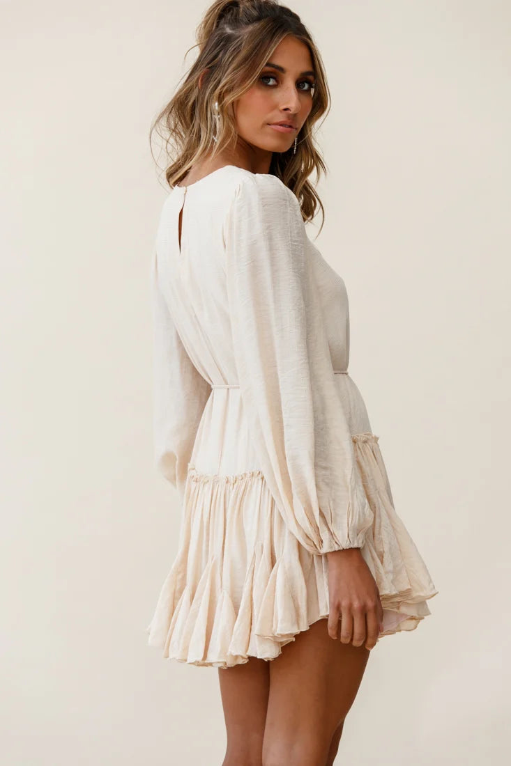 Rosabel Balloon Sleeve Fluted Hem Dress Beige